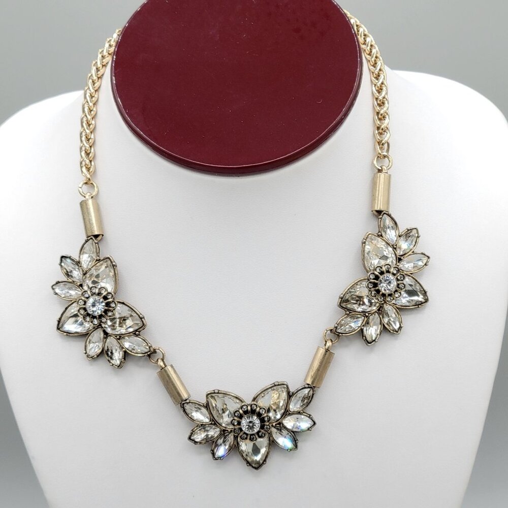 Express Floral Gold Tone Necklace Prong Set Cabochons Crystal Accents 16"